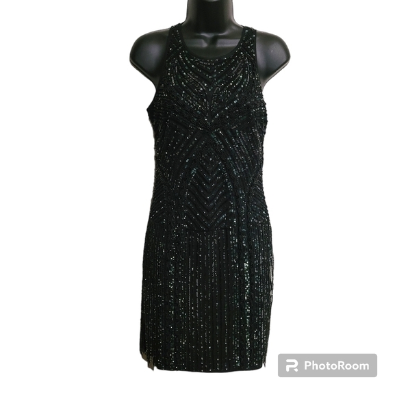 Aidon Mattox Black Beaded Sequin Sleeveless Cocktail Dress - Picture 3 of 12